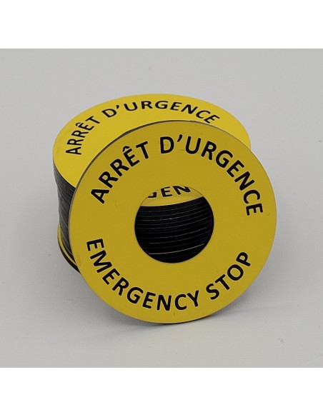 Etiquette gravée arrêt d'urgence jaune adhésif 3M au verso