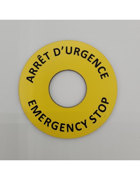 Etiquette gravée arrêt d'urgence jaune adhésif 3M au verso