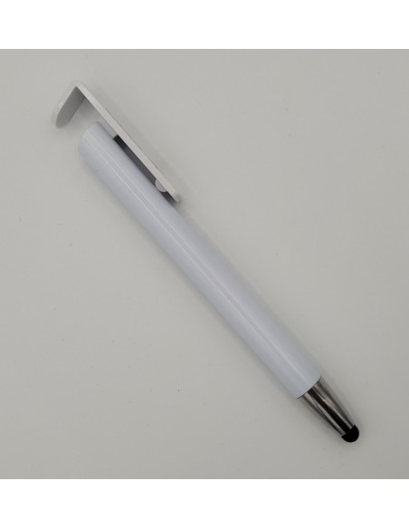 Stylo bille en plastique muni d'un support pour téléphone et d'un embout pour écran tactile, mine bleue